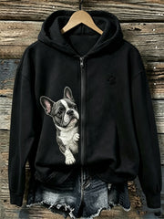 Women's Peeking French Bulldog & Paw Print Full Zip Hoodie