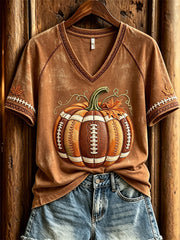 Women's Football Inspired Fall Pumpkin Print short-sleeved T-shirt