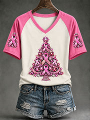 Women's Breast Cancer Awareness Pink Ribbon Christmas Tree V-neck T-shirt