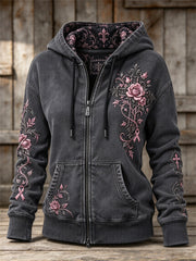 Women's Vintage Pink Ribbon Gothic Cross Roses Floral Art Print Full Zip Hoodie