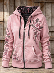 Women's Vintage Pink Ribbon Gothic Cross Roses Floral Art Print Full Zip Hoodie