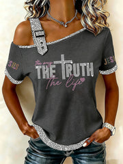 Women's The Way The Truth The Life Rhinestone Print Casual T-Shirt