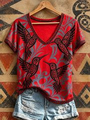 Women's Indigenous Hummingbird Art V-Neck T-Shirts