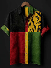 Men's retro reggae color-blocked design casual linen short-sleeve shirt