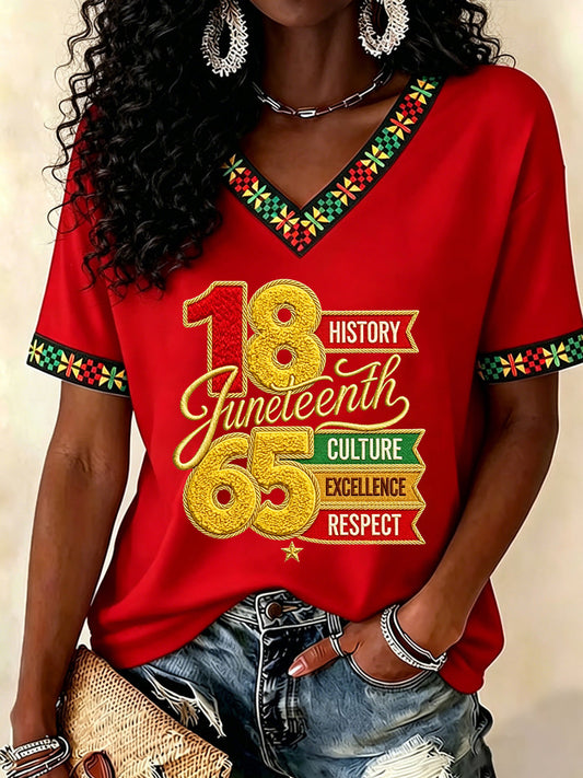 Women's Juneteenth Print Casual V-Neck Tee