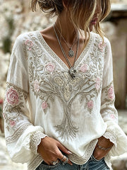 Women's Elegant Viking Celtic Tree Of Life FLoral Print Cotton-Linen Shirt