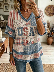 Women's Red, White, and Blue Floral Print Casual T-Shirt