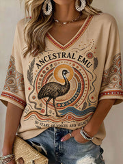 Women's Australian Aboriginal Culture Art Printed Linen V-Neck T-Shirt