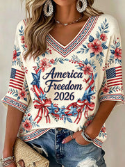 Women's American Independence Day "Freedom" Wreath Casual Waffle T-shirt