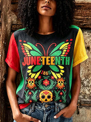 Women's Butterfly Pattern Color Block Casual Linen Short Sleeve T-Shirt