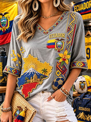 Women's Mid-length Sleeves V-Neck T-Shirt