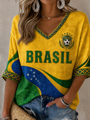 Women's Brazil Football Fan Gift Mid-length Sleeves V-Neck T-Shirt
