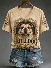 Women's Retro Dog Print Casual V-Neck Tee
