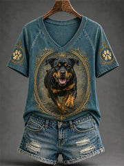 Women's Retro Dog Print Casual V-Neck Tee