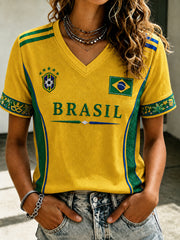 Women's Brazil Football Fan Gift Printed Casual Short Sleeve T-shirt