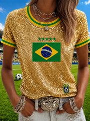 Women's Brazil Football Fan Gift Printed Casual Short Sleeve T-shirt