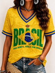 Women's Brazil Football Fan Gift Printed Casual Short Sleeve T-shirt