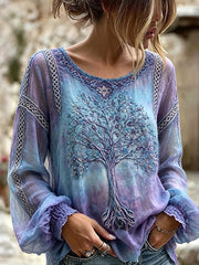 Women's Vintage Celtic Tree Of Life Art Print Round Neck Cotton-Linen Shirt