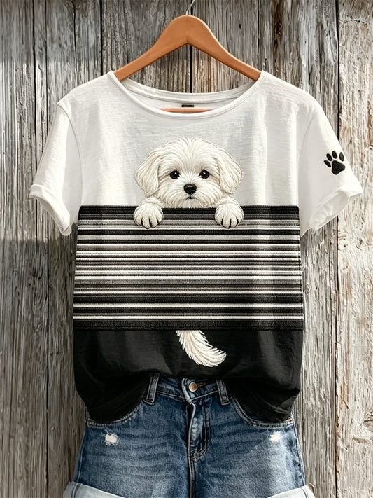 Women's Peeking Maltese Dog Colorblock Print short-sleeved T-shirt