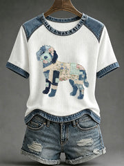 Women's Floral Plaid Denim Dog Art Waffle Print Casual T-Shirt