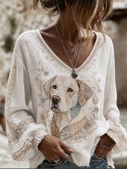 Women's Art Dog Printed Cotton-Linen Shirt