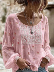 Women's Breast Cancer Pink Flowers Print Cotton-Linen Shirt