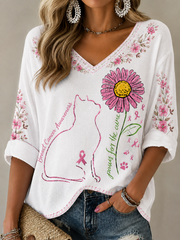 Women's Fight Breast Cancer Print Mid-length Sleeves V-Neck T-Shirt