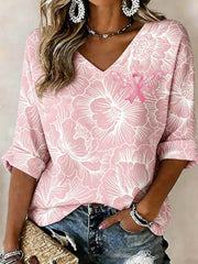 Women's Pink Ribbon & Floral Print Breast Cancer Awareness Support Linen V-Neck Shirt