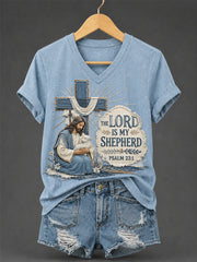 Women's The Lord is My Shepherd Print Casual V-Neck Tee