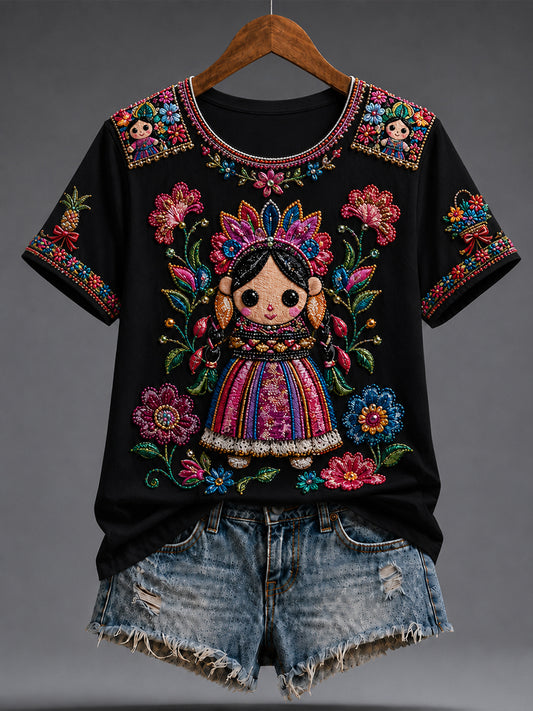 Women's Mexico Guelaguetza Lele Doll Art Printed T-shirt