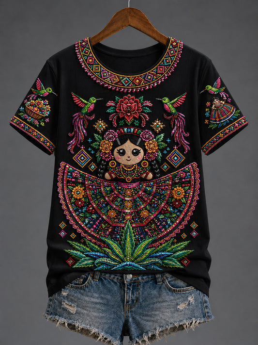 Women's Mexico Guelaguetza Lele Doll Art Printed T-shirt