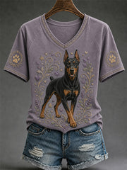 Women's Retro Dog Print Casual V-Neck Tee