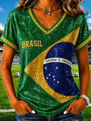 Women's Brazil Football Fan Gift Art Print V-neck Short Sleeve T-shirt