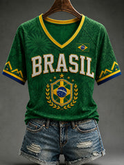 Women's Brazil Football Fan Gift Art Print V-neck Off-shoulder Short Sleeve T-shirt
