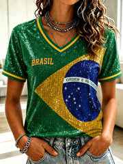 Women's Brazil Football Fan Gift Art Print V-neck Short Sleeve T-shirt