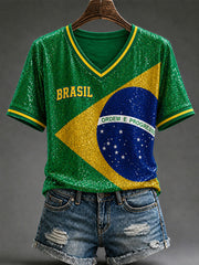 Women's Brazil Football Fan Gift Art Print V-neck Short Sleeve T-shirt
