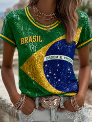 Women's Brazil Football Fan Gift Art Print O-neck Short Sleeve T-shirt