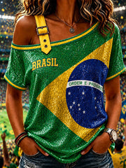 Women's Brazil Football Fan Gift Art Print Off-the-Shoulder Short-Sleeve T-Shirt