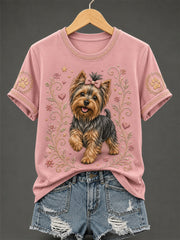 Women's Retro Floral Dog Print Casual Tee