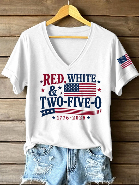 Women's Red White Two-Five-O USA Flag Print Casual Patriotic V-Neck Tee