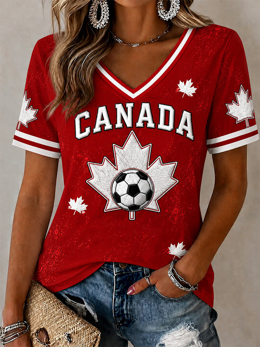 Women's Canada Soccer Graphic Print Casual V-Neck Tee