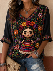 Women's Mexico Guelaguetza Lele Doll Art Printed Tops