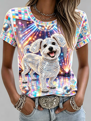 Women's Crystal-embellished dog print design short-sleeved T-shirt