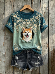 Women's Cute Floral Shiba Inu Print Short-sleeved T-shirt