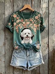 Women's Cute Floral Bichon Frise Dog Art Print Short-sleeved T-shirt