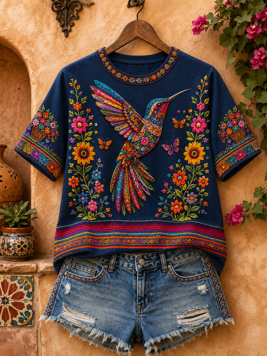 Women's Mexico Guelaguetza Hummingbird Art Printed Linen T-shirt