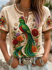 Women's Mexico Guelaguetza Resplendent Quetzal Art Printed Linen T-shirt