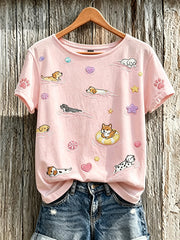 Women's cute dog pattern printed short-sleeved T-shirt