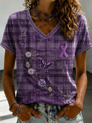 Women's Purple Flora Art Printed V-neck T-shirt