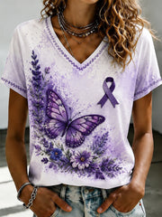 Women's Purple Flora Art Printed V-neck T-shirt